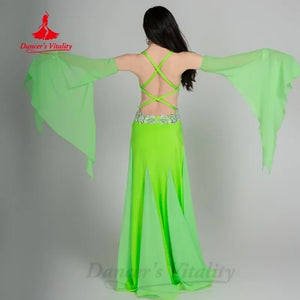 Women's Belly Dance Costume Set With AB Rhinestone Bra, Sleeves, Chiffon Long Skirt For Performance