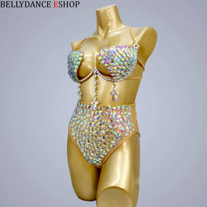 Belly Dance Costume Women's Iridescent Sequin & Rhinestone Bra and High-Waisted Briefs Set - Latin Samba Rave Performance