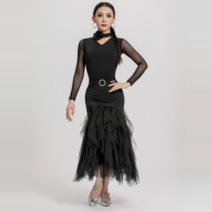 Ballroom Dance Dress Women's Black Mesh Long Sleeve V-Neck Ruffle Skirt with Belt, Latin Dance