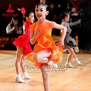 Girls' Orange Short Sleeve Mock Neck Latin Dance Dress with Pleated Skirt