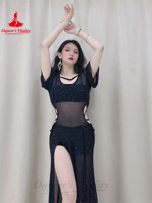 Women's Black Sparkle Mesh Cutout Slit Skirt Belly Dance Dress