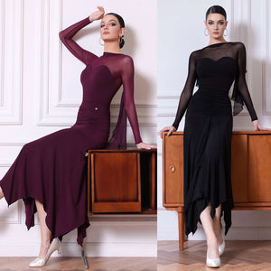 Dance Dress Women's Burgundy Mesh Long Sleeve Ruched Asymmetrical Hem Ballroom Latin Dance Dress
Dance Dress Women's Black Mesh Long Sleeve Ruched Asymmetrical Hem Ballroom Latin Dance Dress
