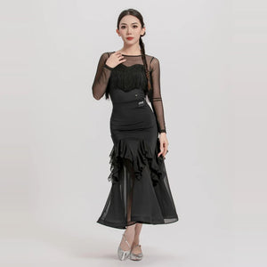 Women Black Mesh Fringe Ruffle Latin Dance Dress