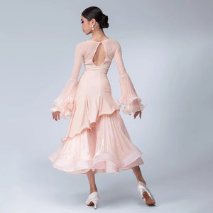 Women's Peach Ruffled Mesh Long Sleeve Ballroom Dance Dress with Layered Skirt