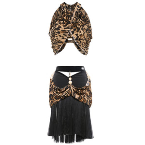 Ballroom Dance Dress Women's Leopard Print Black Halter Neck Draped Top with Matching Arm Sleeves and Beaded Skirt with Tulle Fringe