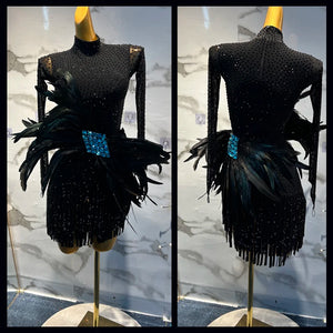 Women's Black Sequin Feather Embellished Latin Dance Dress