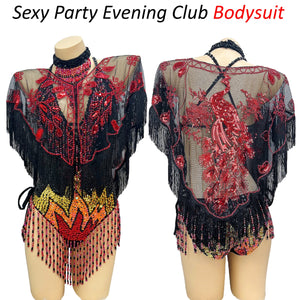 Bodysuit, Women's, Black/Red/Gold, Sequin Beaded Fringe, Latin Dance