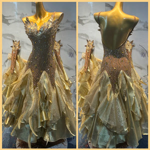 Ballroom Dance Dress Women Gold Glitter Sequin Rhinestone Feather Mesh Ruffled Open Back Standard Dress