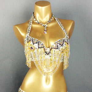 Belly Dance Bra Top Women's Fuchsia Beaded Sequin Halter Neck with Draped Chains and Rhinestones