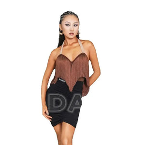 Latin Dance Dress Women's Black/Red/Brown/Beige Fringe Halter Ruched Mini Dress