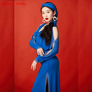 Women's Blue Rhinestone Cold Shoulder Long Sleeve Cowl Neck Slit Skirt Belly Dance Dress