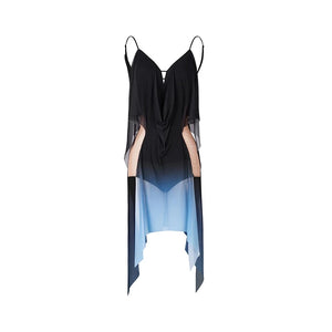 Women's Black & Blue Ombre Mesh Asymmetrical Latin Dance Dress