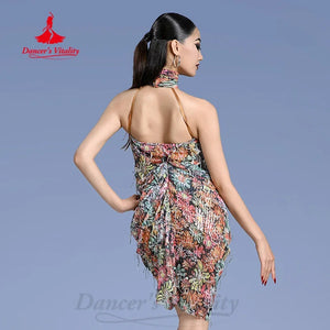 Ballroom Dance Dress Women's Multicolor Halter Neck Fringe Ruffle Latin Salsa Cha-Cha Rumba Performance Costume