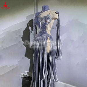 Women's Silver Sequin & Rhinestone Embellished Asymmetrical Latin Ballroom Dance Dress with Pleated Skirt and Draped Sleeves