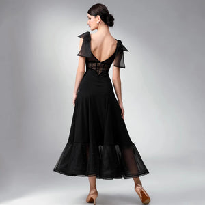 Women's Black Sheer Mesh & Bow Detail Ballroom Latin Rhythm Dance Dress with Beaded Hem