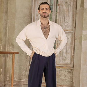 Men's Long Sleeve Deep V-Neck Dance Shirt, Black/Pink/Cream/Brown, Polyester/Spandex Blend, Latin/Ballroom Dance