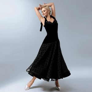 Women's Black Velvet Polka Dot Mesh Ballroom Dance Dress with Tie Straps