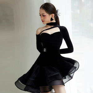 Girls Black Velvet Off-Shoulder Latin Dance Dress with Choker Neckline and Tiered Skirt