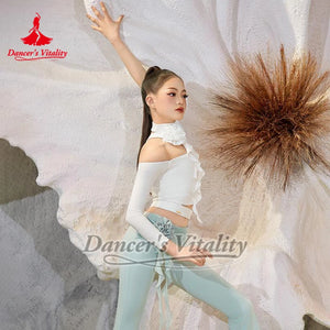 Women's Pink & White Off-Shoulder Ruffle Dance Top and Leggings Set with Floral Accents, Modern Contemporary Dance