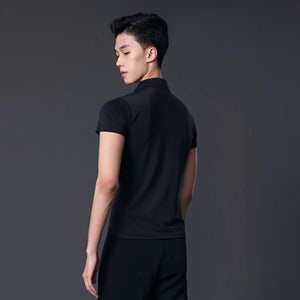 Men's Black Short Sleeve Polo Shirt with White Stripe and "ID" Logo for Ballroom Dance