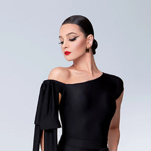 Dance Dress Women's Black One-Shoulder Ruched Chiffon Ruffled Ballroom Latin Dance Dress