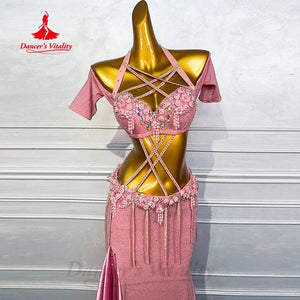 Belly Dance Costume Women Pink Halter Neck Beaded Bra and Mermaid Skirt Set, Sequin Embellished Performance Wear