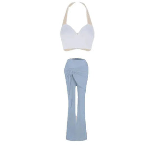 Dancewear Set Women's Light Blue & Peach Floral Halter Crop Top with Draped Wide-Leg Pants Latin Ballroom