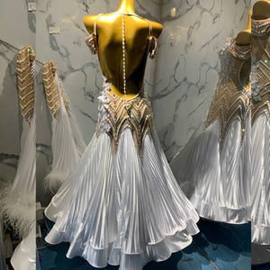 Ballroom Dance Dress Women White Beaded Pearl Pleated Long Gown