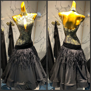 Ballroom Latin Dance Dress, Women's Black & Gold Embellished Feathered Gown with Open Back, Standard Rhythm Samba Rumba Cha Cha Tango