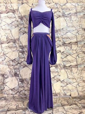 Women's Yellow Chiffon Long Sleeve Crop Top & Slit Skirt Belly Dance Costume