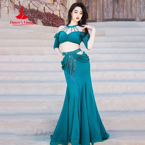 Belly Dance Costume Women's Red Off-Shoulder Crop Top & Mermaid Skirt Set with Rhinestone Belt