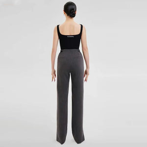 Women's Black and Beige Square Neck Bodysuit with Keyhole and Wide Leg Dance Trousers for Ballroom Dance