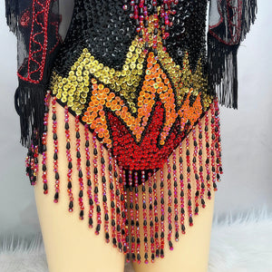 Bodysuit, Women's, Black/Red/Gold, Sequin Beaded Fringe, Latin Dance