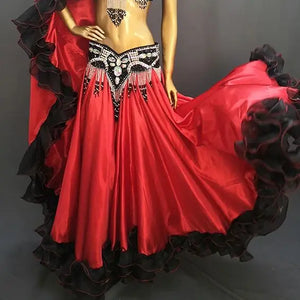 Women's Red and Black Ruffled Satin and Organza Belly Dance Skirt with Beaded Hip Scarf for Performance