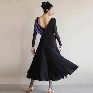 Ballroom Dance Dress Women's Black & Purple Leopard Print Long Sleeve Backless Mesh Panel Standard Smooth Gown