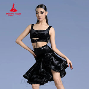 Women's Black Satin Cutout Crop Top & Ruffled Skirt Latin Dance Set