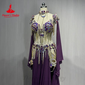 Women's Belly Dance Costume Set With Rhinestone Tassel For Professional Performance