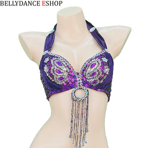 Belly Dance Bra Top, Women's Red Sequin & Beaded Halter Top with Fringe, Belly Dancing Costume