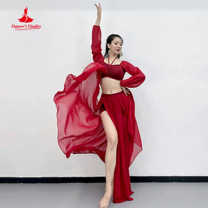 Belly Dance Costume Women's Adult Blue Chiffon Long Sleeve Halter Top & Skirt Set, Red Chiffon Long Sleeve Halter Top & High-Slit Skirt Set