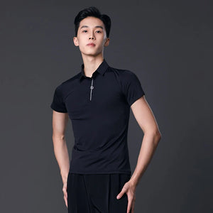 Men's Black Short Sleeve Polo Shirt with White Stripe and "ID" Logo for Ballroom Dance
