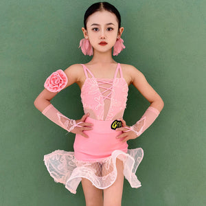 Girls Pink Lace Floral Mesh Latin Dance Dress with Arm Sleeves and Skirt Ruffle