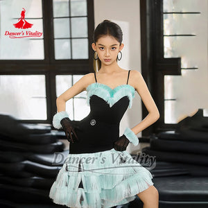 Women's Black & Aqua Fringe Latin Dance Dress with Spaghetti Straps