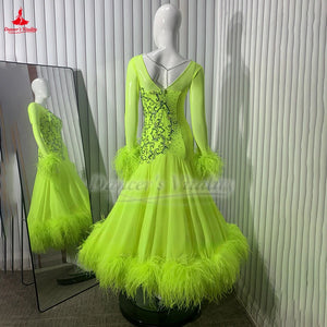 Ballroom Dance Dress Women's Neon Green Feathered Embellished Long Sleeve Standard Smooth Dress