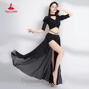 Women's Fuchsia Sparkle Mesh Ruffle Belly Dance Costume Set with High Slit Skirt