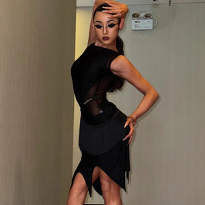 Women's Black & Hot Pink Fringe Asymmetrical Latin Rhythm Dance Dress