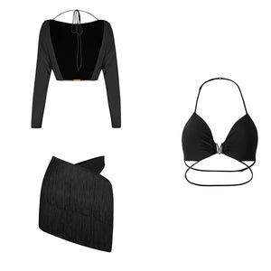 Women's Burgundy & Black Fringe Latin Dance Skirt Set with Long Sleeve Crop Top