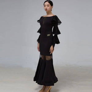 Latin Dance Dress Women Black Lace Ruffle Long Sleeve Sheer Mermaid Hem Lycra Spandex