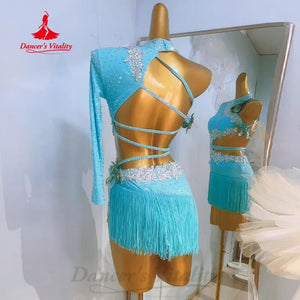 Women's Sky Blue Rhinestone Fringe Long Sleeve Latin Dance Dress