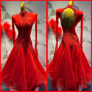Women's Red Beaded Open Back Long Sleeve Ballroom Dance Dress