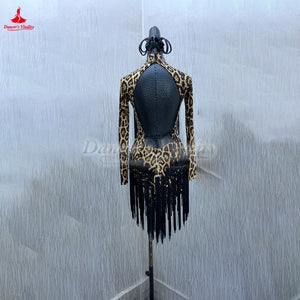 Women's Latin Dance Competition Dress With Tassel, Long Sleeves, Leopard Print